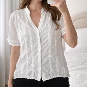 Vintage White Button Up Short Sleeve Blouse Cotton Women S Cottagecore Fairy